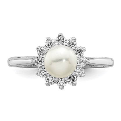 Sterling Silver Rhodium Plated Cz And Fw Cultured Pearl Ring