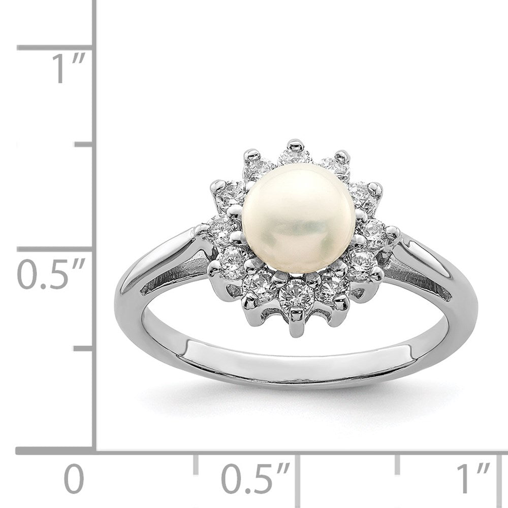 Sterling Silver Rhodium Plated Cz And Fw Cultured Pearl Ring