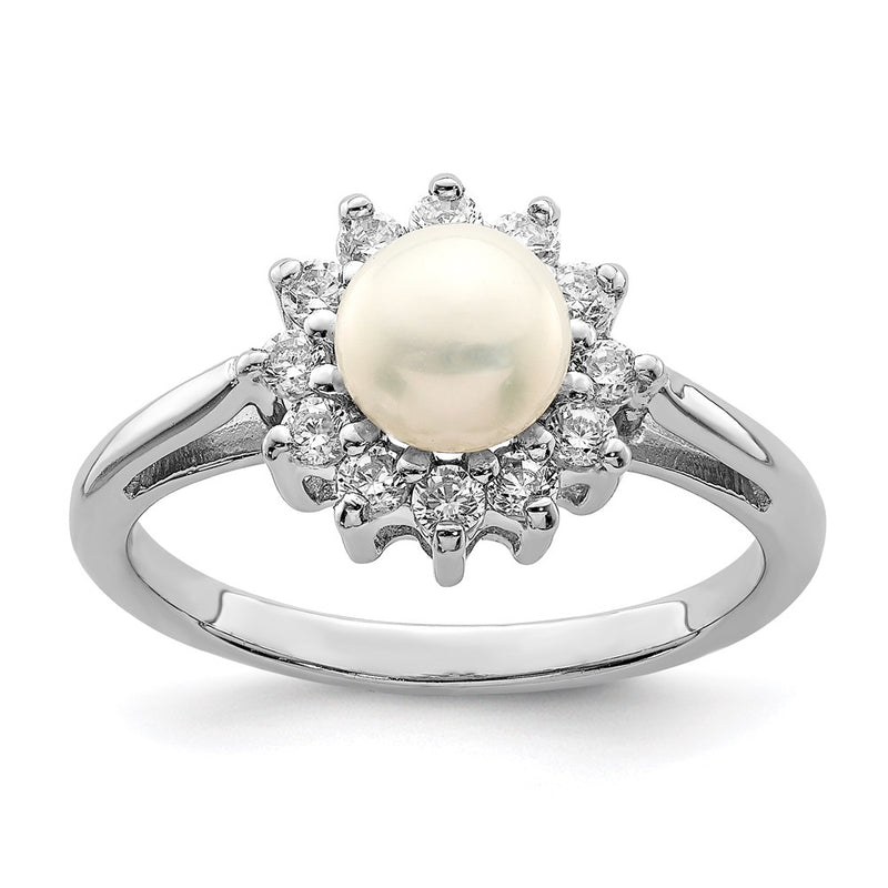 Sterling Silver Rhodium Plated Cz And Fw Cultured Pearl Ring