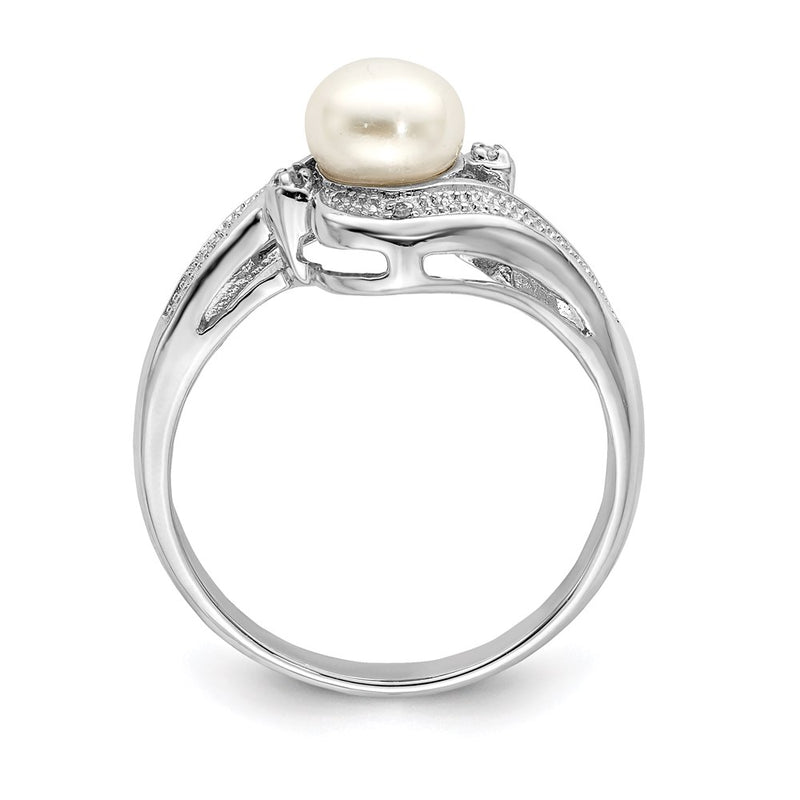 Sterling Silver Rhodium Plated Diamond And Fw Cultured Pearl Ring