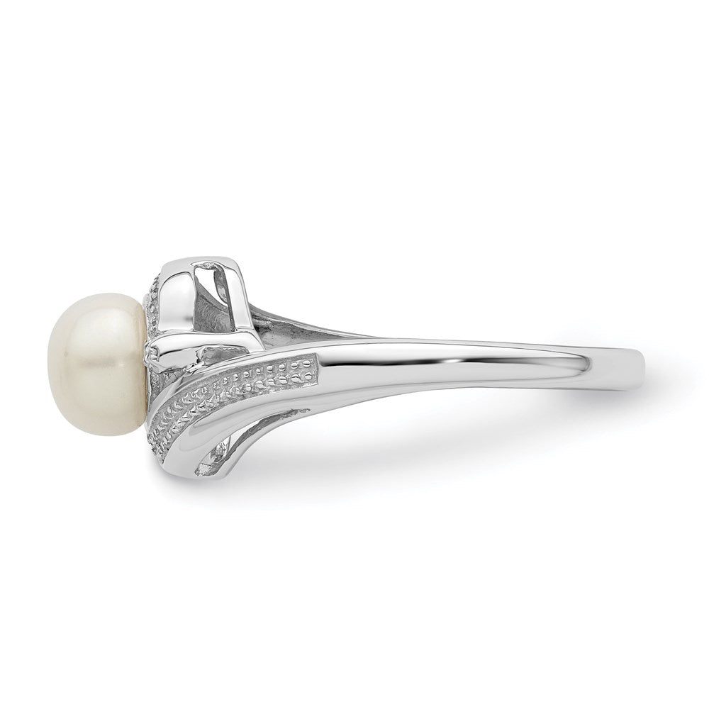 Sterling Silver Rhodium Plated Diamond And Fw Cultured Pearl Ring