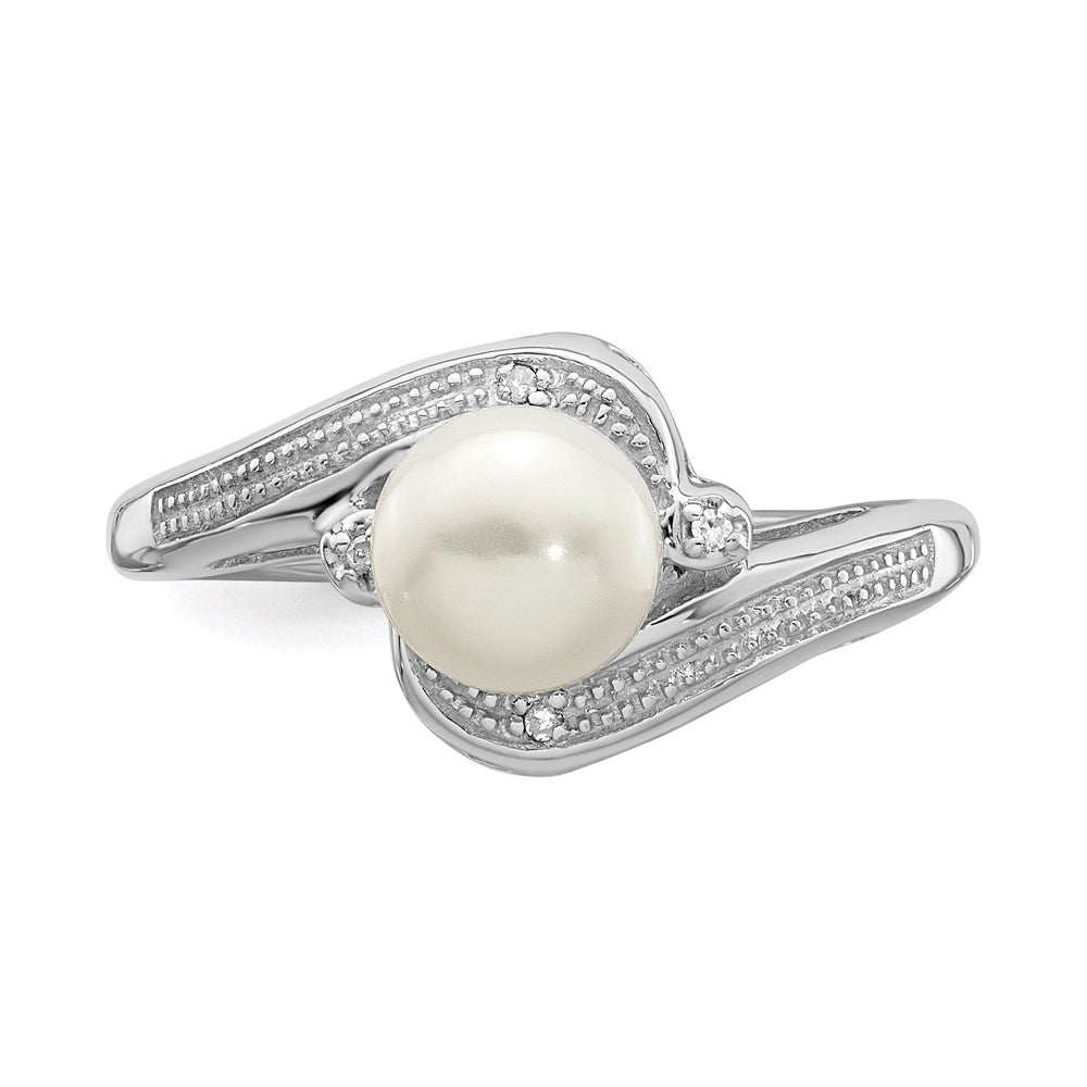 Sterling Silver Rhodium Plated Diamond And Fw Cultured Pearl Ring