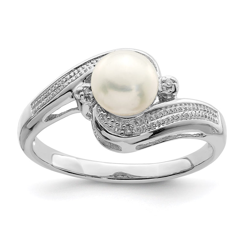 Sterling Silver Rhodium Plated Diamond And Fw Cultured Pearl Ring