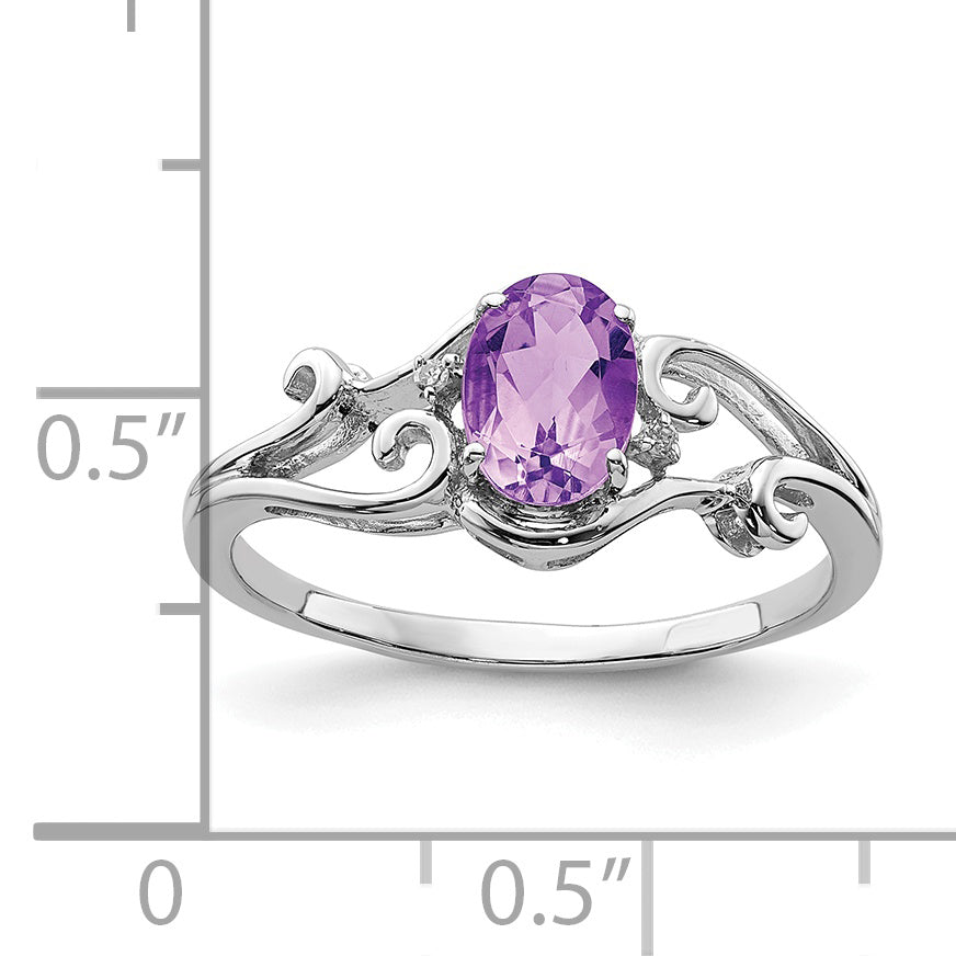 Sterling Silver Rhodium Plated Diamond And Amethyst Oval Ring