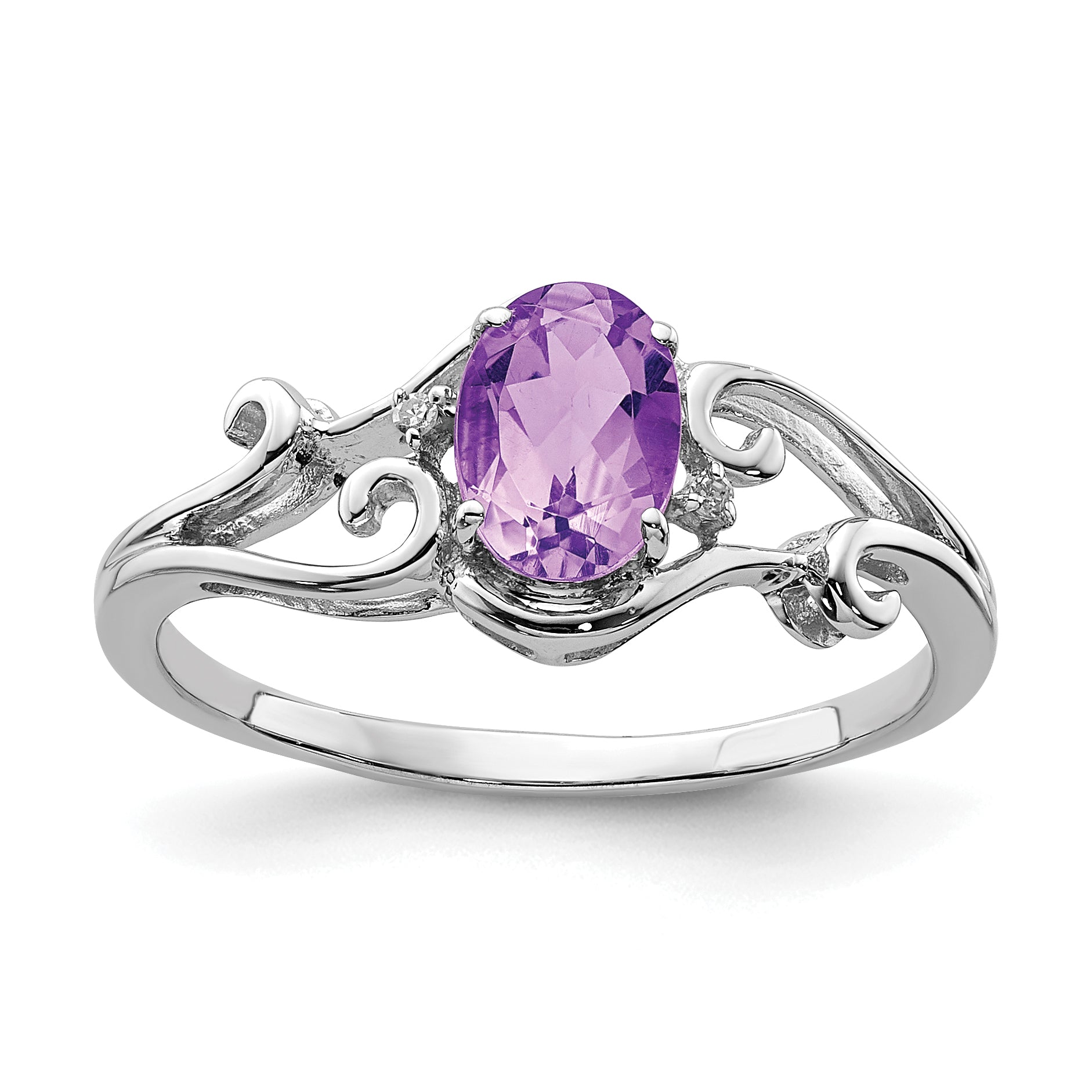 Sterling Silver Rhodium Plated Diamond And Amethyst Oval Ring