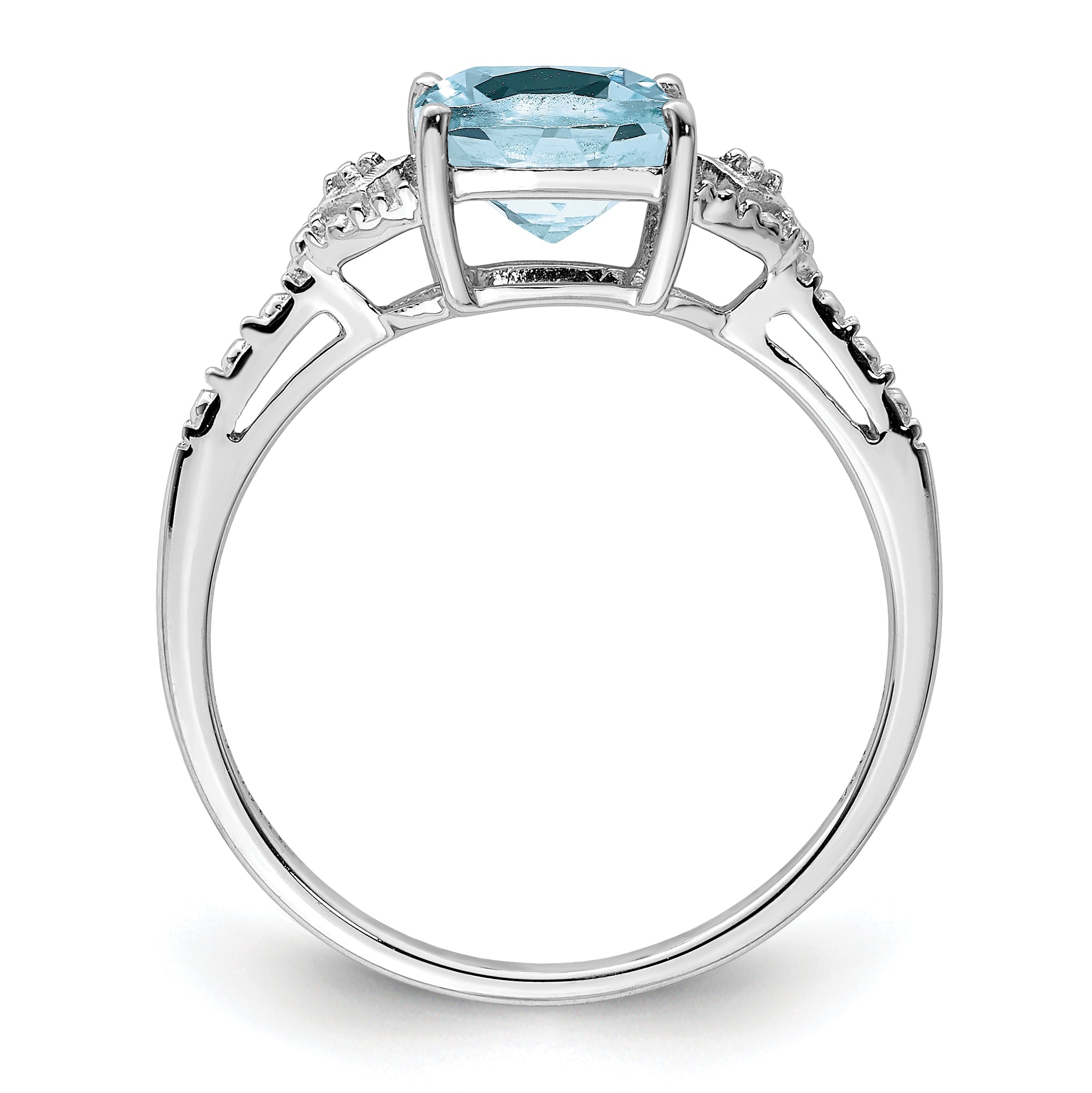 Sterling Silver Rhodium Plated Diamond And Aquamarine Ring