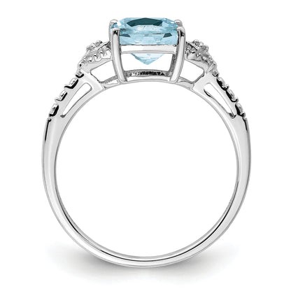 Sterling Silver Rhodium Plated Diamond And Aquamarine Ring