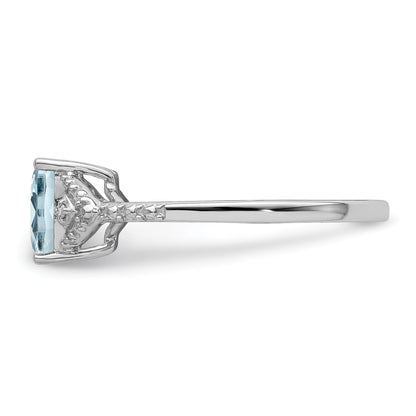 Sterling Silver Rhodium Plated Diamond And Aquamarine Ring