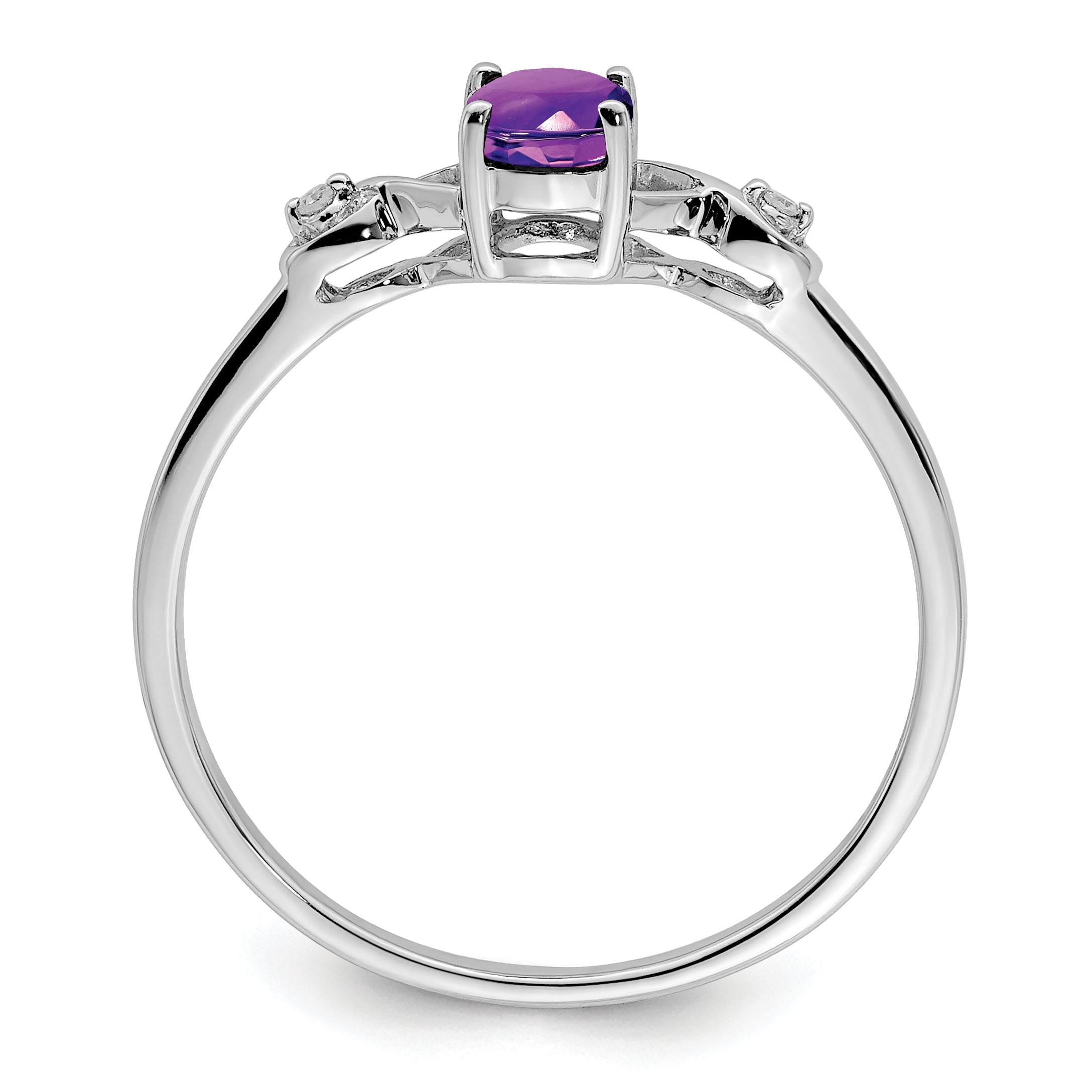 Sterling Silver Rhodium Plated Diamond And Amethyst Oval Ring