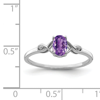 Sterling Silver Rhodium Plated Diamond And Amethyst Oval Ring