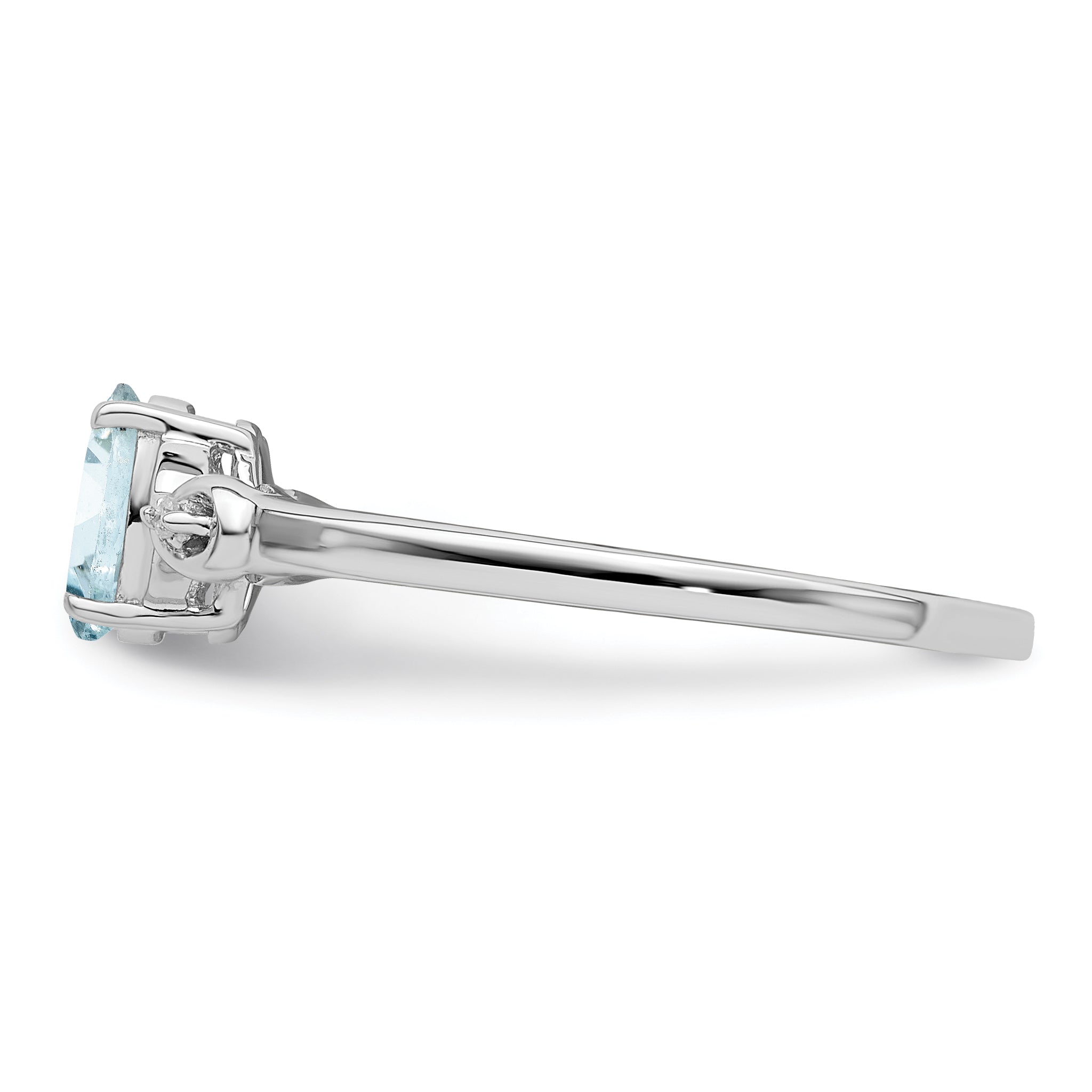 Sterling Silver Rhodium Plated Diamond And Aquamarine Oval Ring