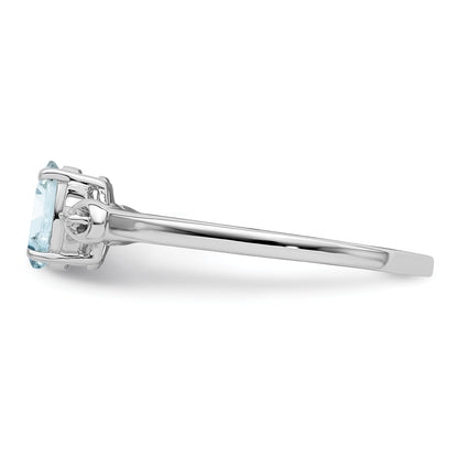 Sterling Silver Rhodium Plated Diamond And Aquamarine Oval Ring