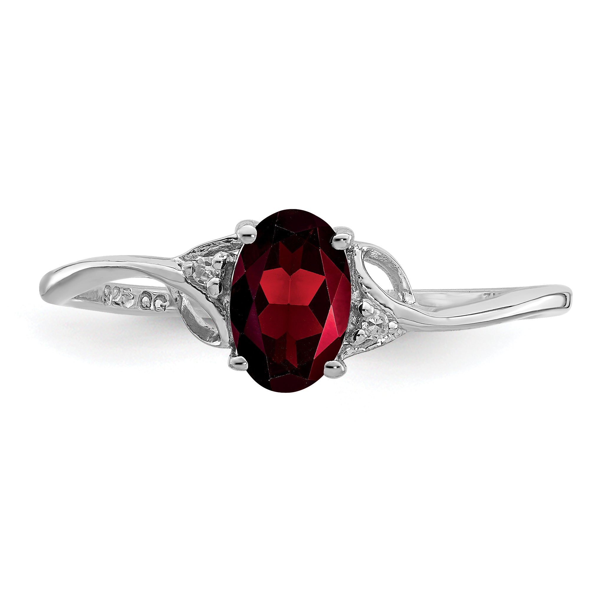 Sterling Silver Rhodium Plated Diamond And Garnet Oval Ring