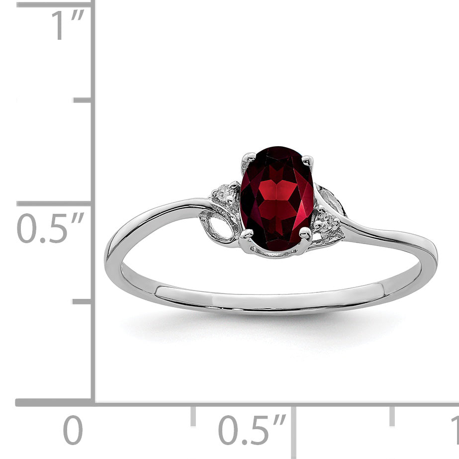 Sterling Silver Rhodium Plated Diamond And Garnet Oval Ring