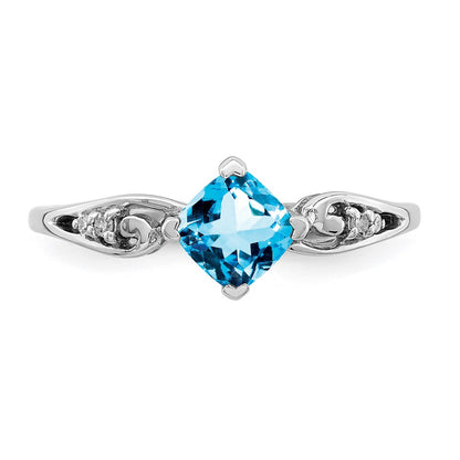 Sterling Silver Rhodium Plated Diamond And Sky Blue Topaz Cushion Ring