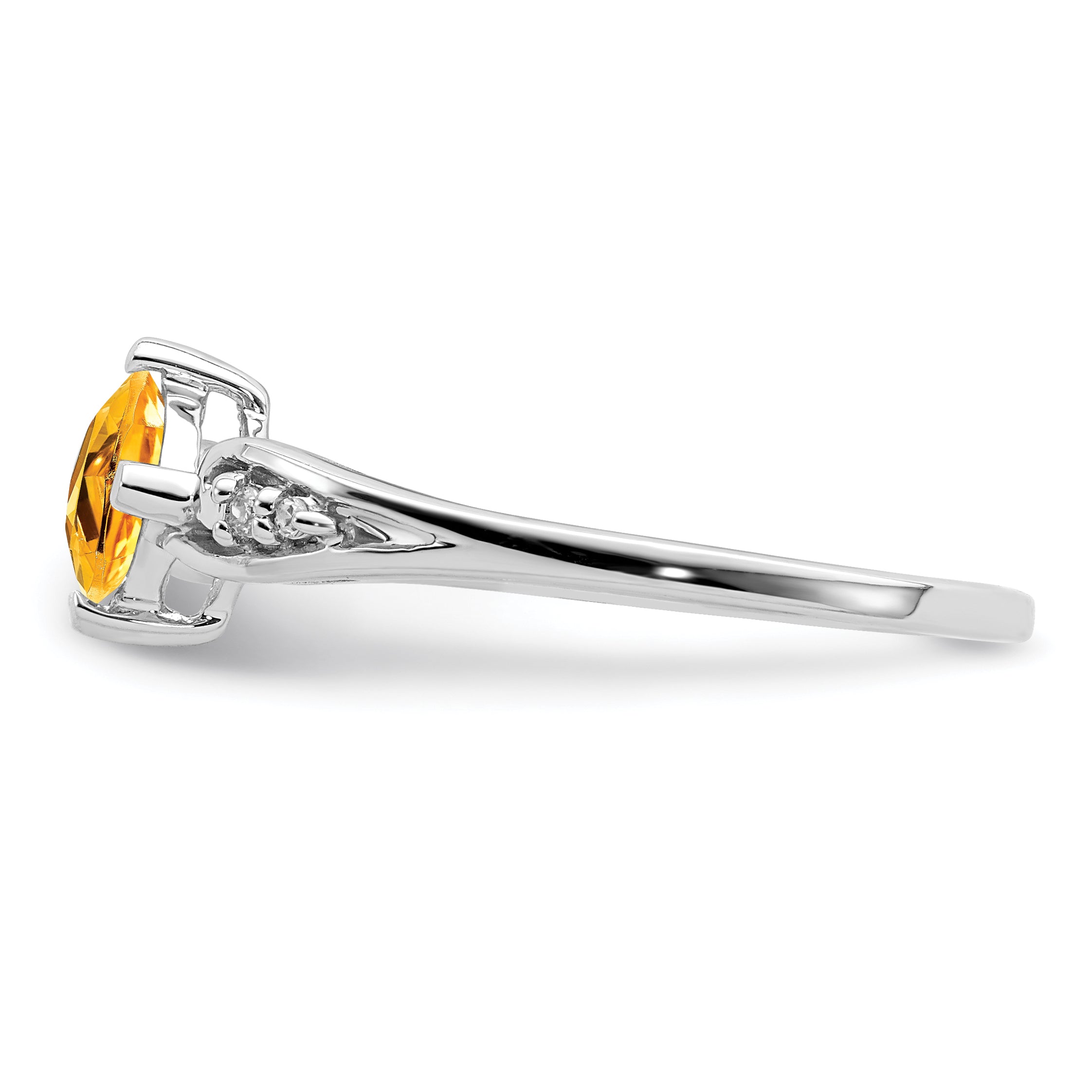 Sterling Silver Rhodium Plated Diamond And Citrine Cushion Ring