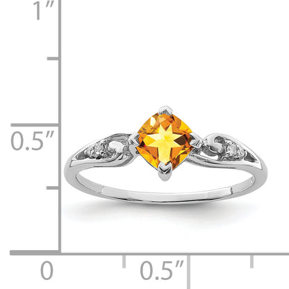 Sterling Silver Rhodium Plated Diamond And Citrine Cushion Ring