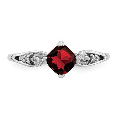 Sterling Silver Rhodium Plated Diamond And Garnet Cushion Ring
