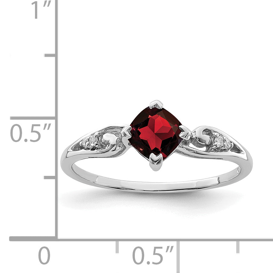 Sterling Silver Rhodium Plated Diamond And Garnet Cushion Ring