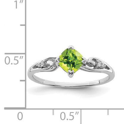 Sterling Silver Rhodium Plated Diamond And Peridot Cushion Ring