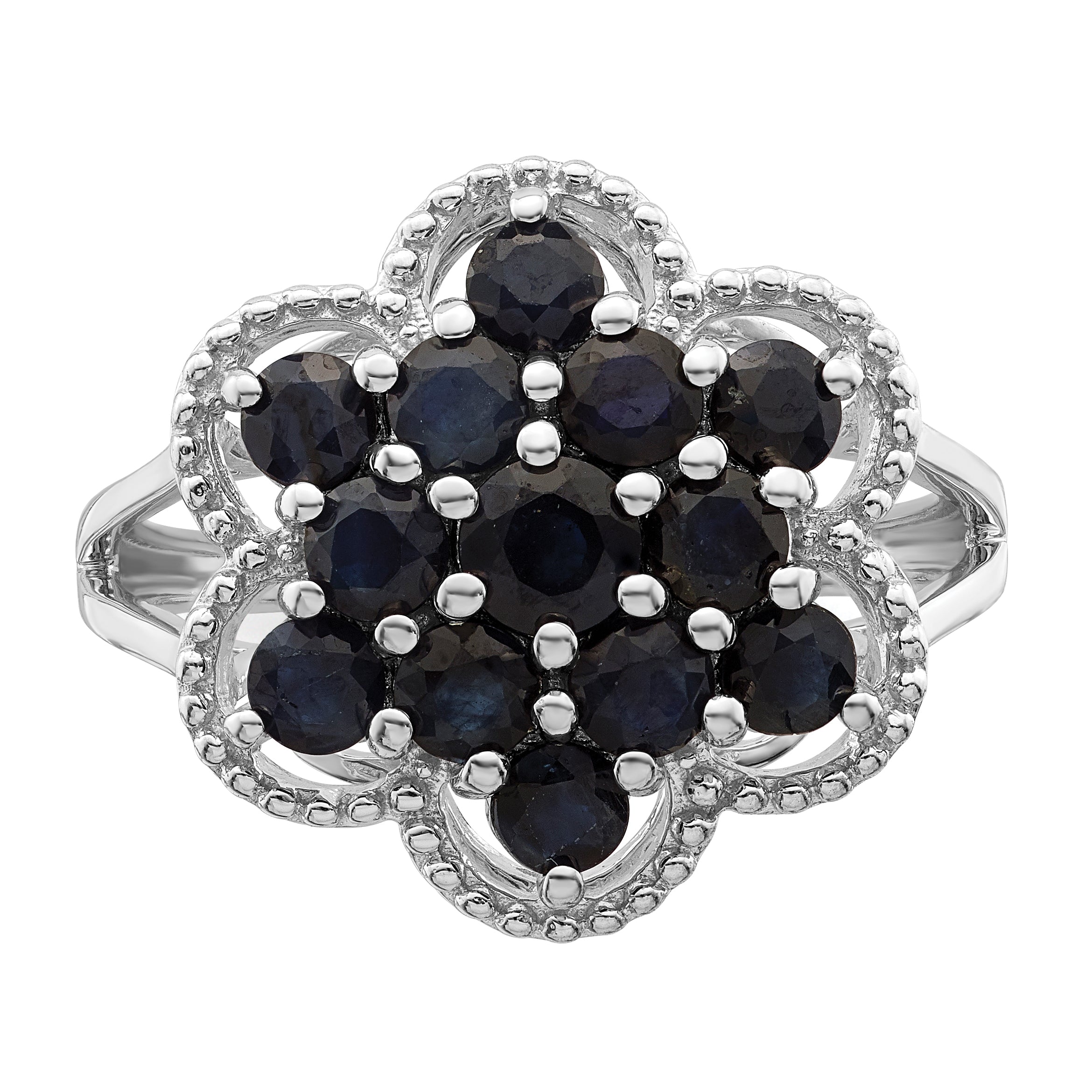 Sterling Silver Rhodium Plated Sapphire Flower Ring (Size 9 Only)