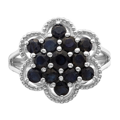 Sterling Silver Rhodium Plated Sapphire Flower Ring (Size 9 Only)