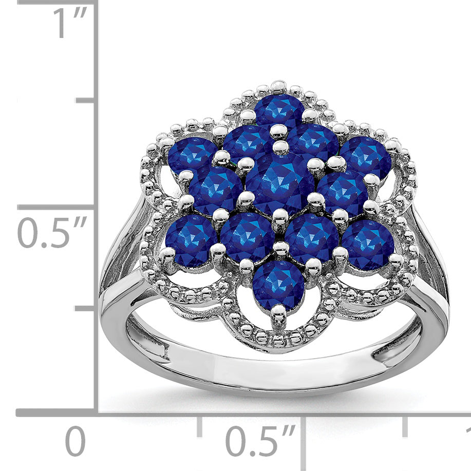 Sterling Silver Rhodium Plated Sapphire Flower Ring (Size 9 Only)