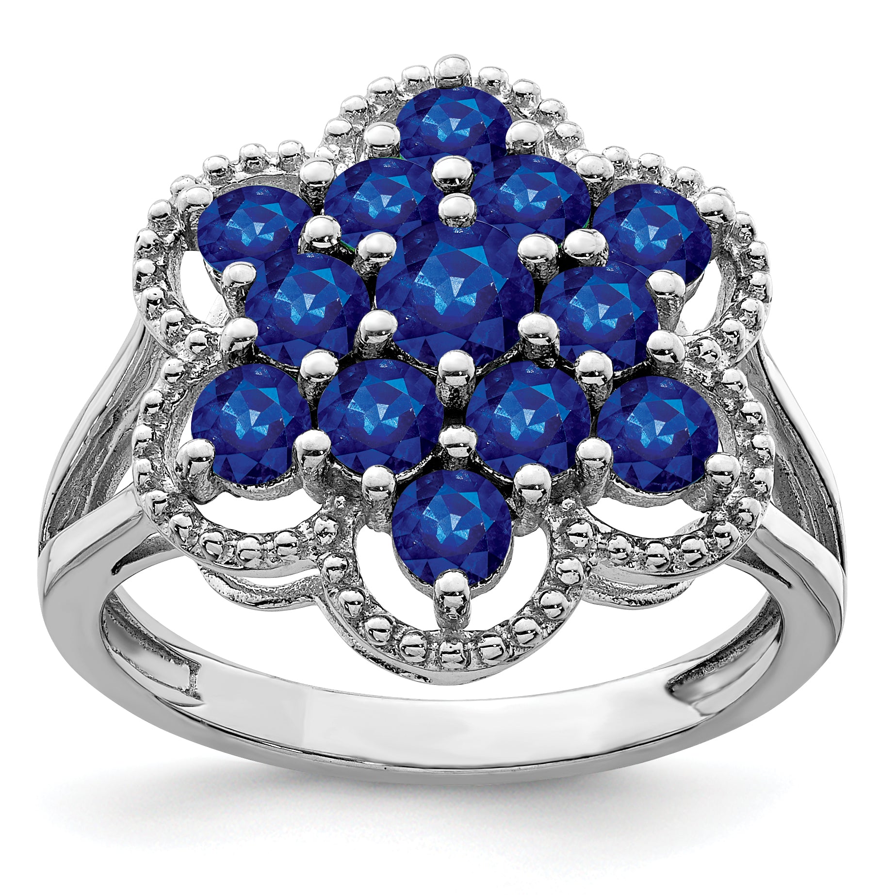Sterling Silver Rhodium Plated Sapphire Flower Ring (Size 9 Only)