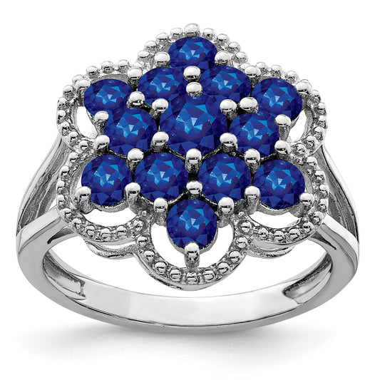 Sterling Silver Rhodium Plated Sapphire Flower Ring (Size 9 Only)