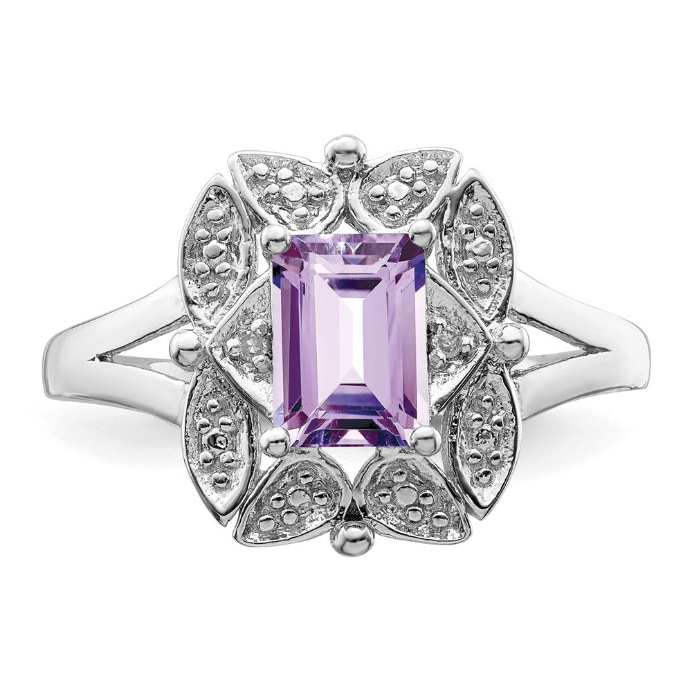 Sterling Silver Rhodium Diamond & Pink Quartz Ring (Size 8 Only)