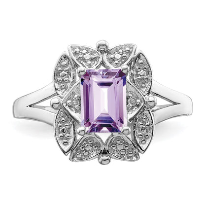 Sterling Silver Rhodium Diamond & Pink Quartz Ring (Size 8 Only)