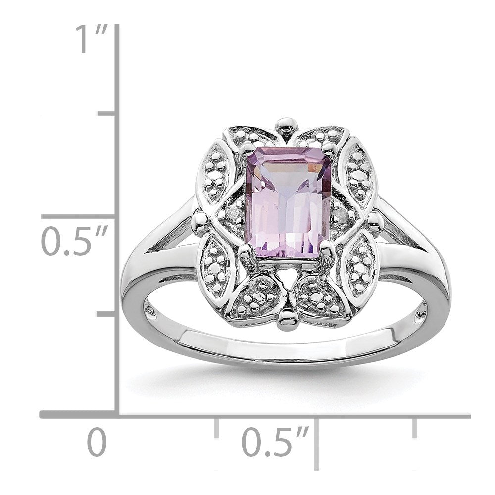 Sterling Silver Rhodium Diamond & Pink Quartz Ring (Size 8 Only)