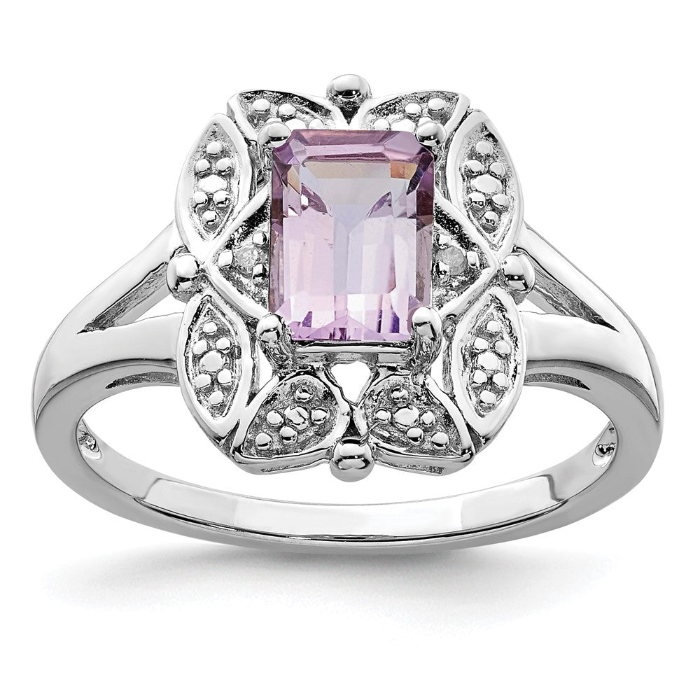 Sterling Silver Rhodium Diamond & Pink Quartz Ring (Size 8 Only)