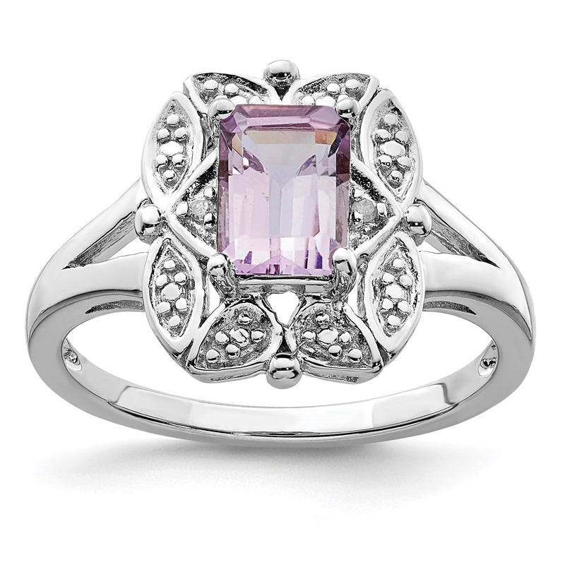 Sterling Silver Rhodium Diamond & Pink Quartz Ring (Size 8 Only)