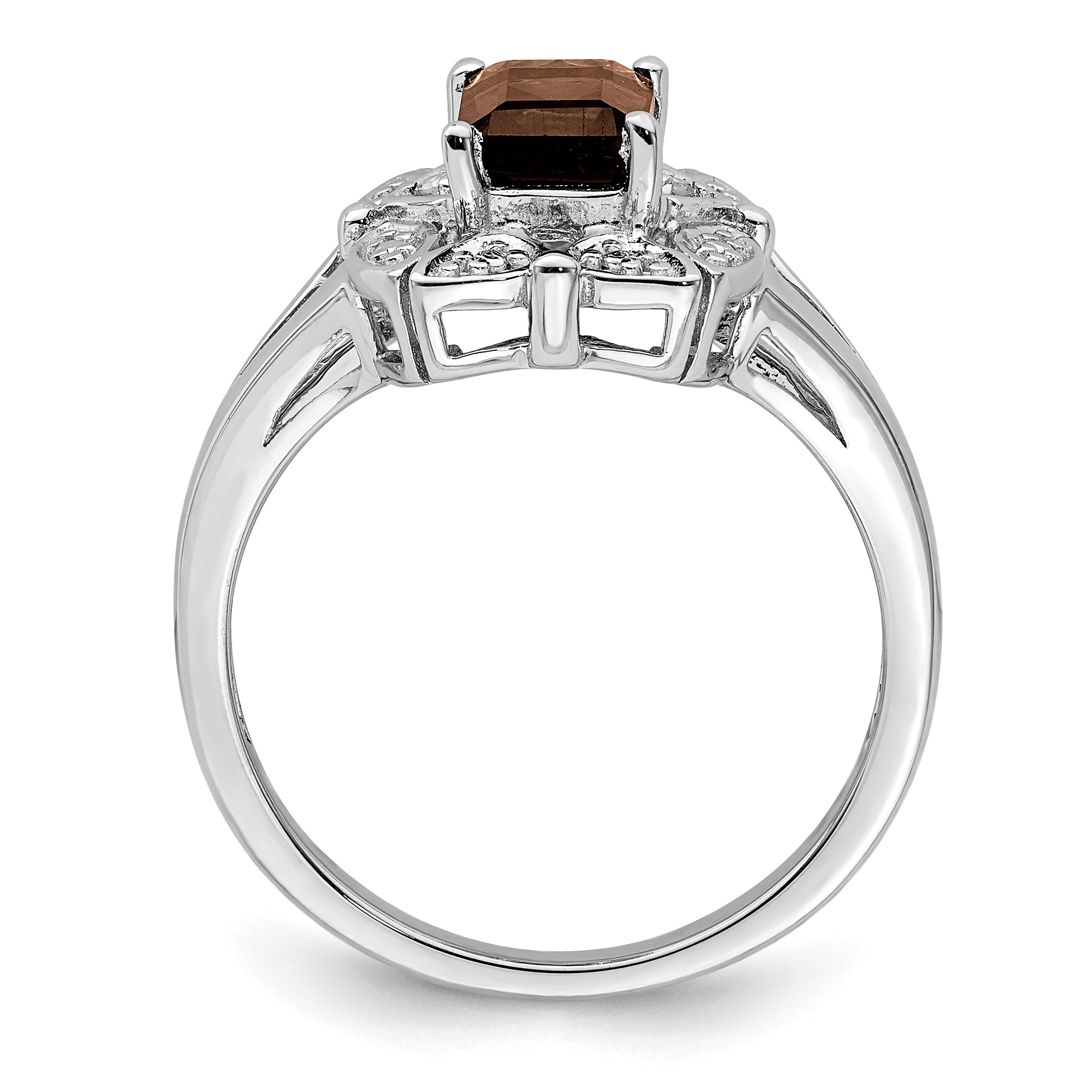Sterling Silver Rhodium Diamond & Smoky Quartz Ring
