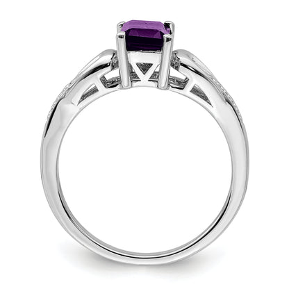 Sterling Silver Rhodium Plated Diamond & Amethyst Ring