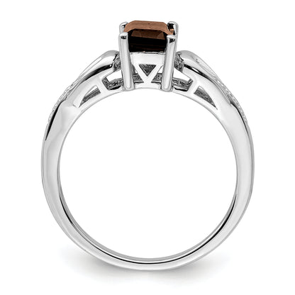 Sterling Silver Rhodium Diamond & Smoky Quartz Ring