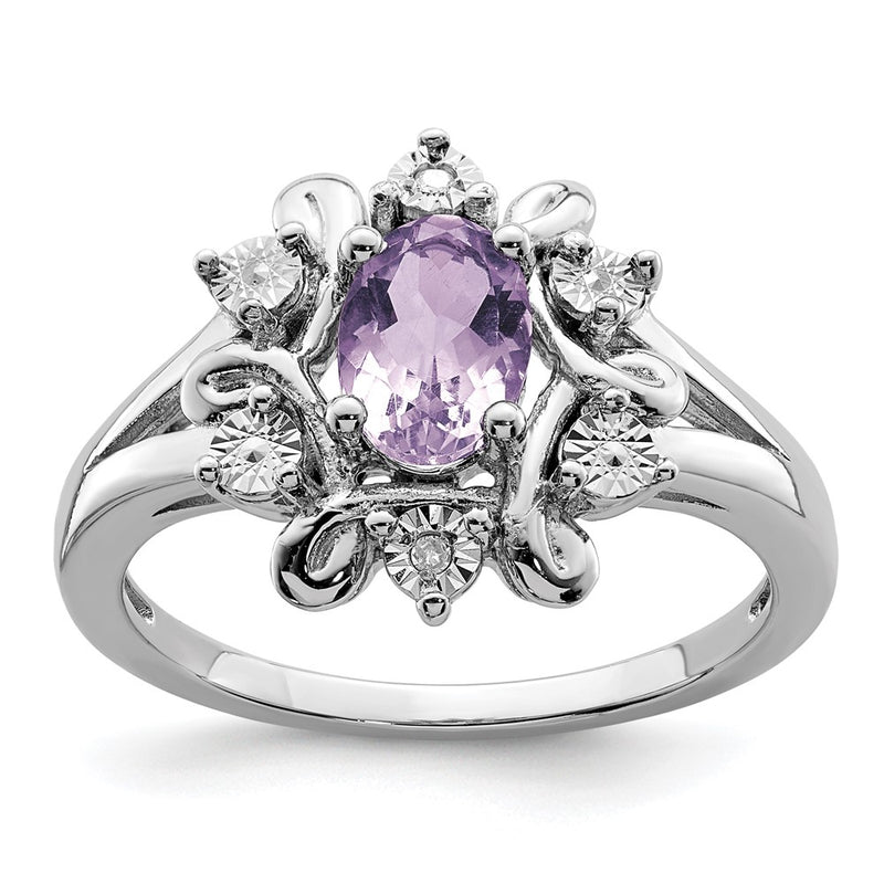 Sterling Silver Rhodium Diamond & Pink Quartz Ring (Size 8 Only)