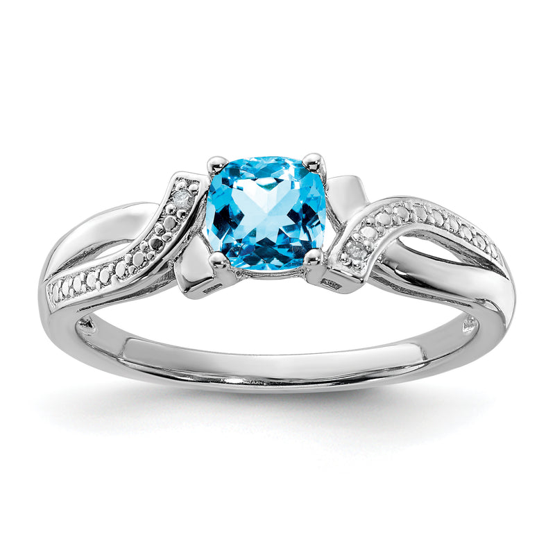 Sterling Silver Rhodium Light Swiss Blue Topaz & Diamond Ring
