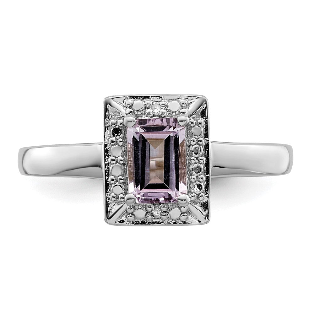 Sterling Silver Rhodium Pink Quartz Diamond Ring (Size 9 Only)