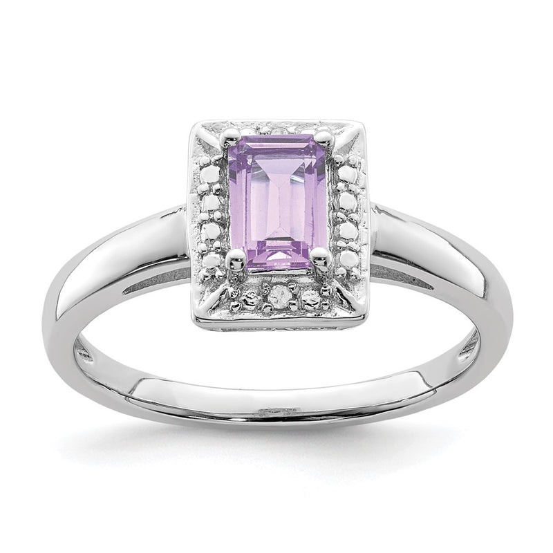Sterling Silver Rhodium Pink Quartz Diamond Ring (Size 9 Only)
