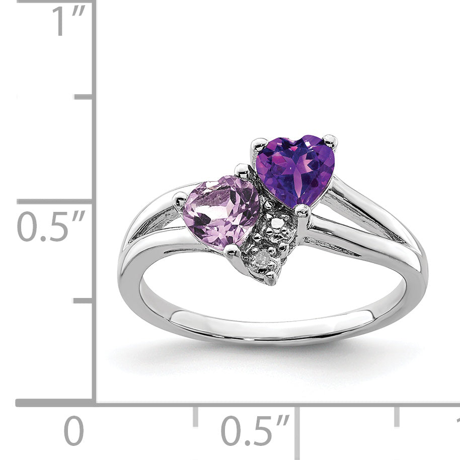 Sterling Silver Rhodium Plated Amethyst & Pink Quartz Diamond Ring