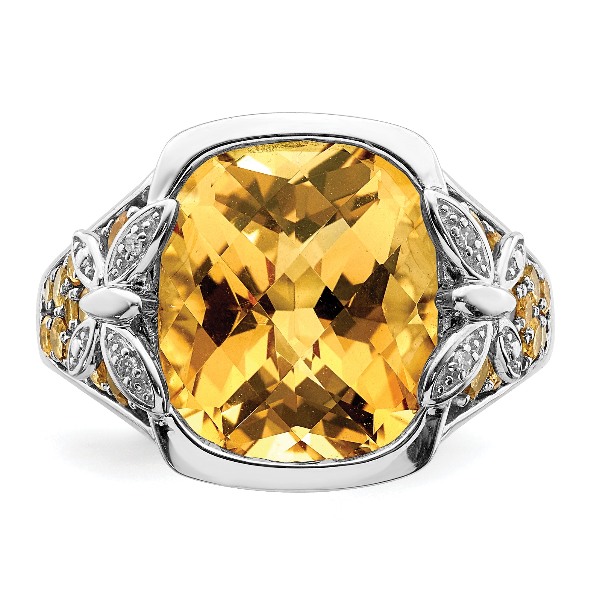 Sterling Silver Rhodium Diamond And Citrine Ring