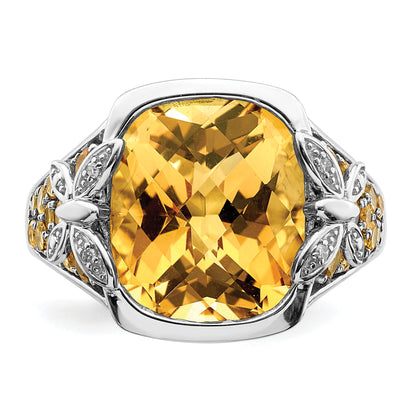 Sterling Silver Rhodium Diamond And Citrine Ring