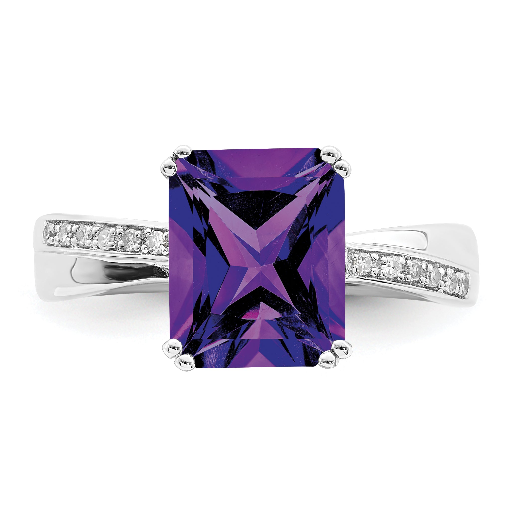 Sterling Silver Rhodium Plated Diamond And Amethyst Ring (Size 9 Only)