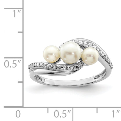 Sterling Silver Rhodium Plated Diamond And Fw Cultured Pearl Ring