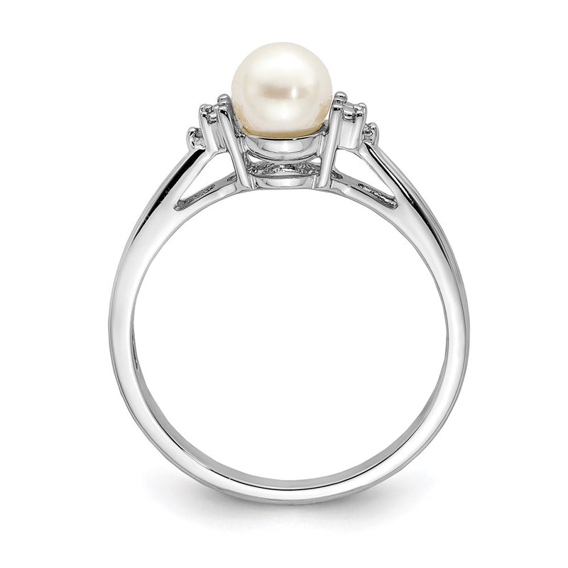 Sterling Silver Rhodium Plated Diamond And Fw Cultured Pearl Ring