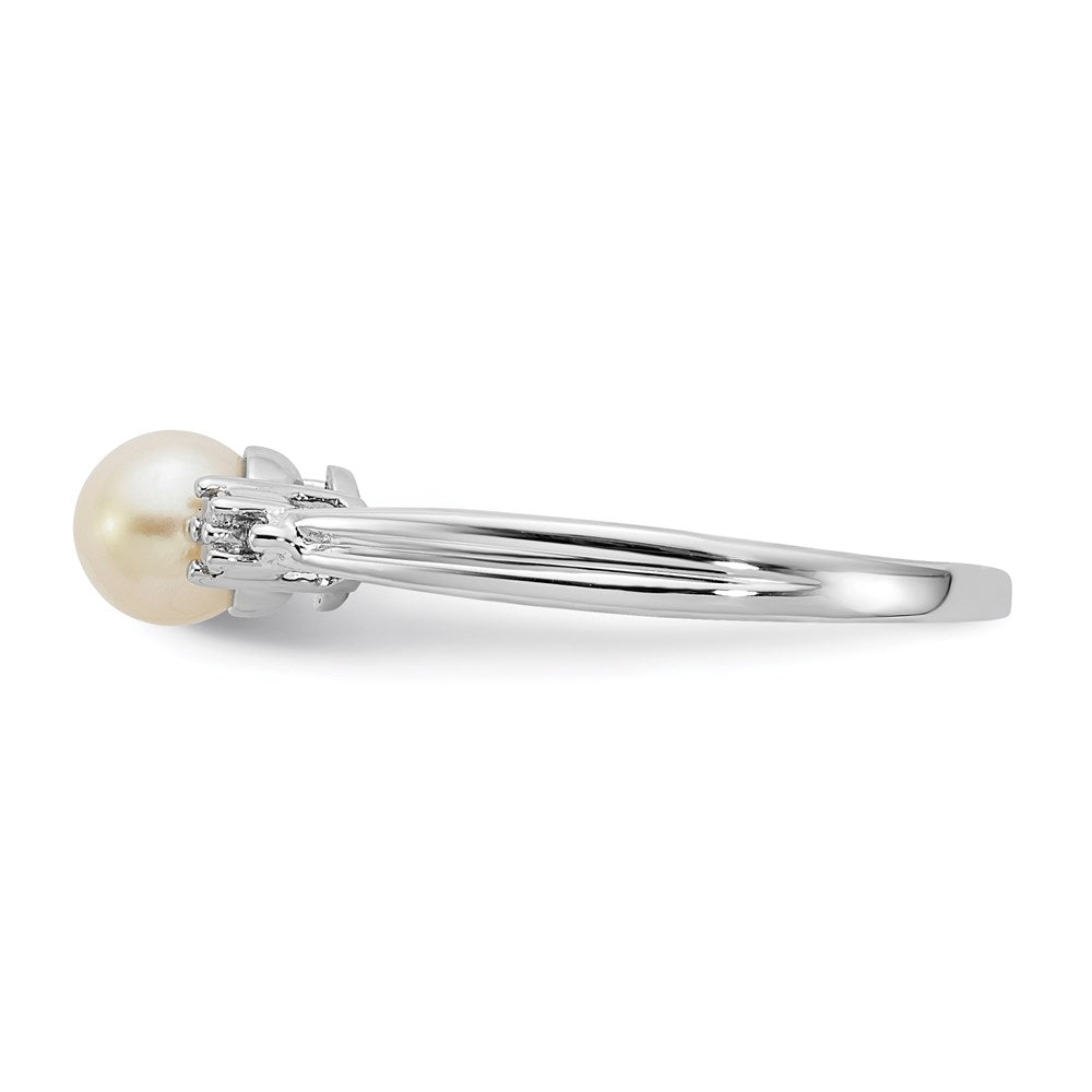 Sterling Silver Rhodium Plated Diamond And Fw Cultured Pearl Ring