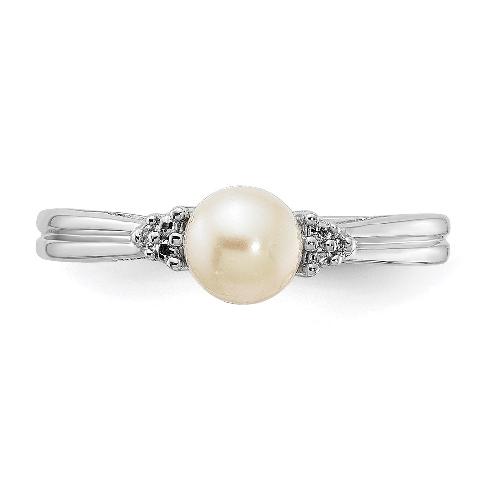 Sterling Silver Rhodium Plated Diamond And Fw Cultured Pearl Ring