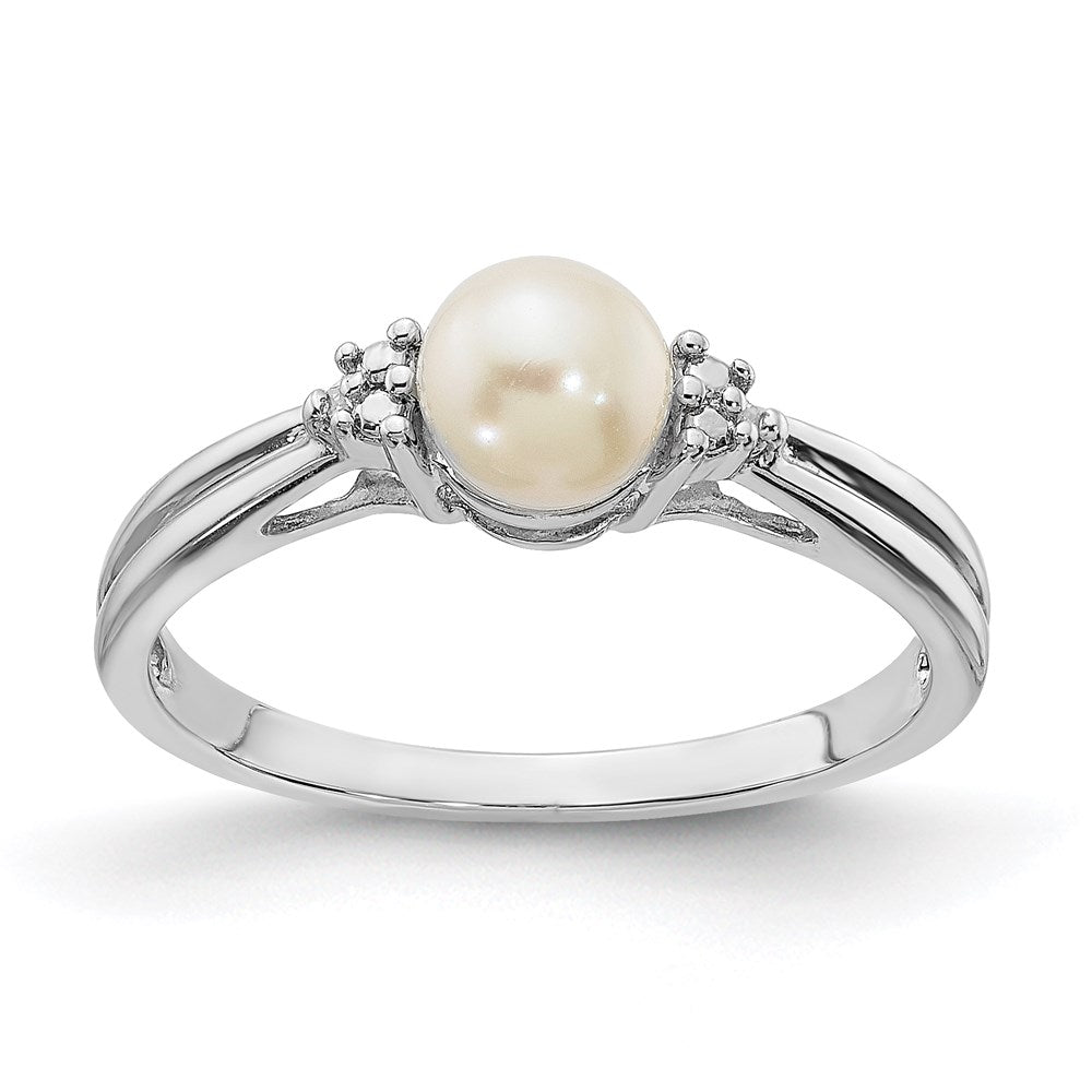 Sterling Silver Rhodium Plated Diamond And Fw Cultured Pearl Ring